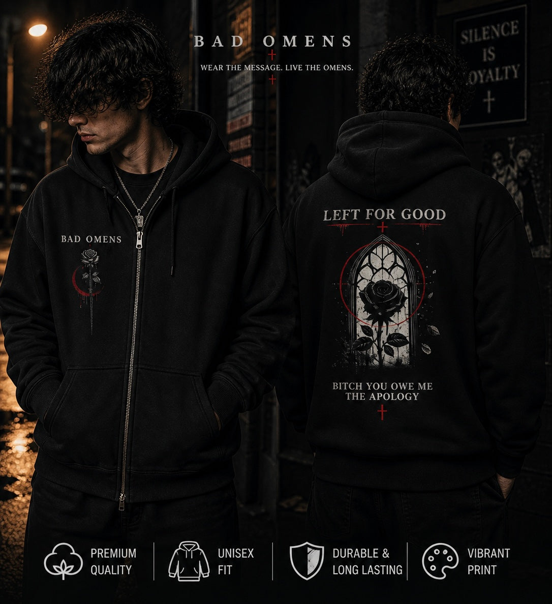 Bad Omens Zip Hoodie Gothic Streetwear Hoodie Left For Good Graphic Hoodie Dark Aesthetic Hoodie Unisex Alternative Clothing Band