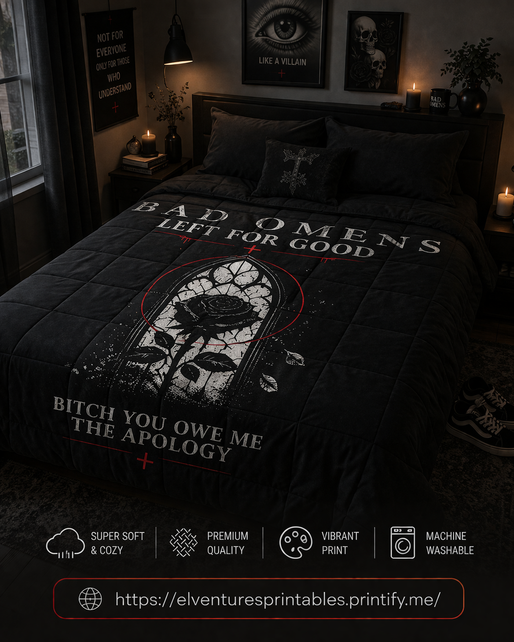 Bad Omens Comforter Left For Good Gothic Bedding Dark Aesthetic Bedroom Decor Alternative Comforter Set Black White Goth Room Decor Gift