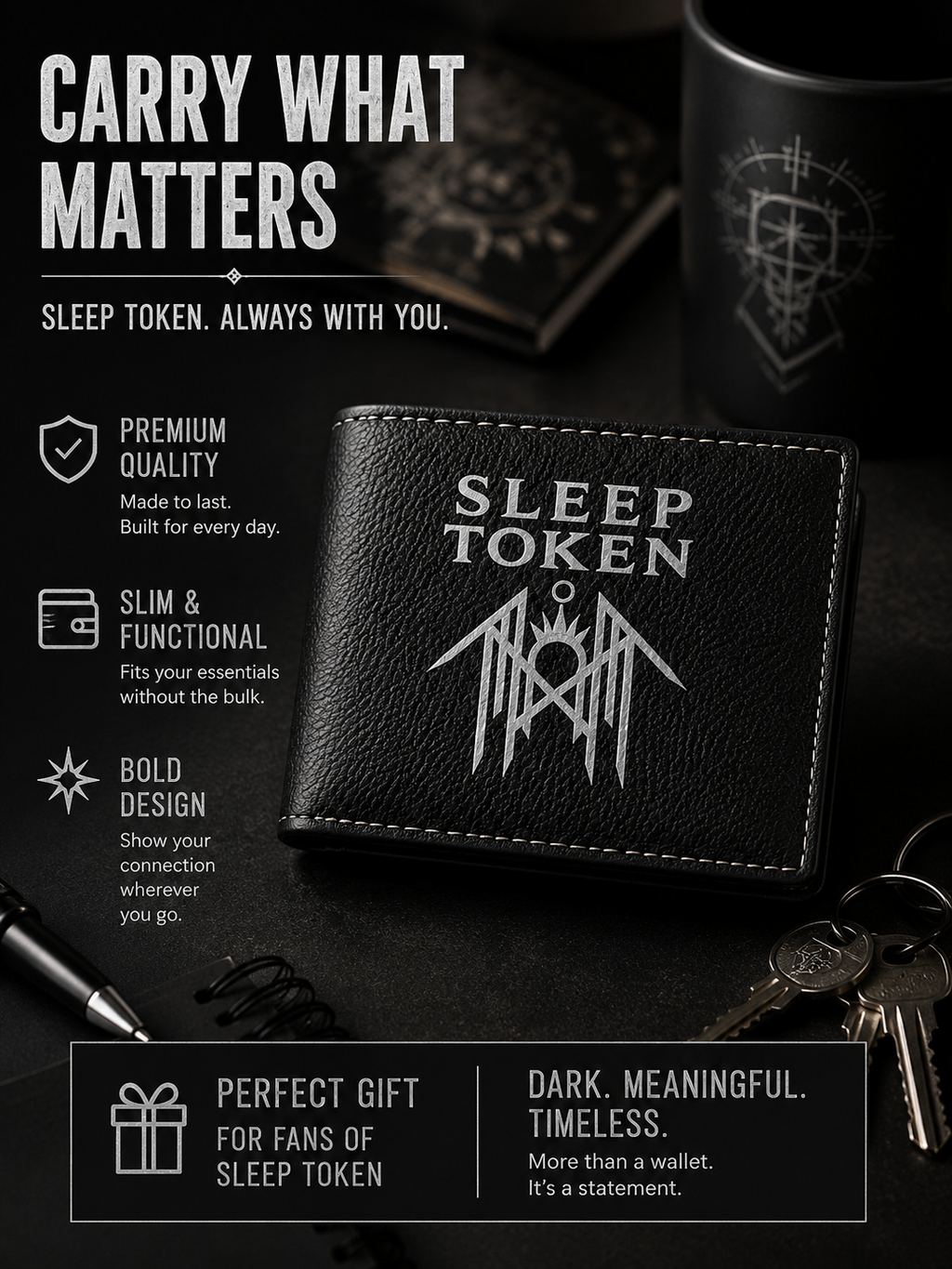 Sleep Token Wallet Black Leather Wallet Silver Logo Bifold Wallet Alternative Rock Wallet Gothic Wallet Mens Wallet Gift For Music Fans