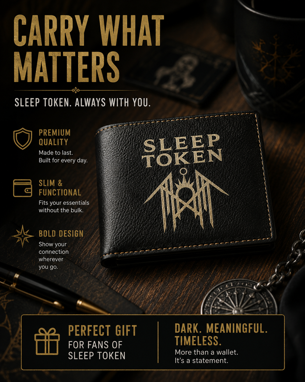 Sleep Token Wallet Black Leather Wallet Silver Logo Bifold Wallet Alternative Rock Wallet Gothic Wallet Mens Wallet Gift For Music Fans