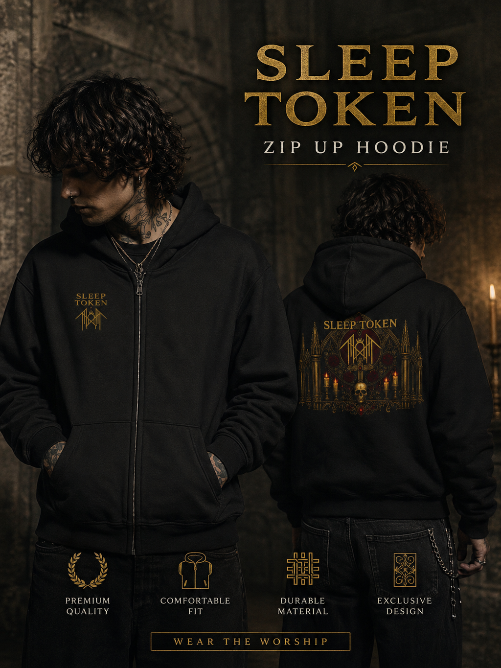 Sleep Token Gothic Cathedral Zip Up Hoodie Front & Back Print Unisex Heavy Blend Hoodie Alternative Metal Streetwear Gift