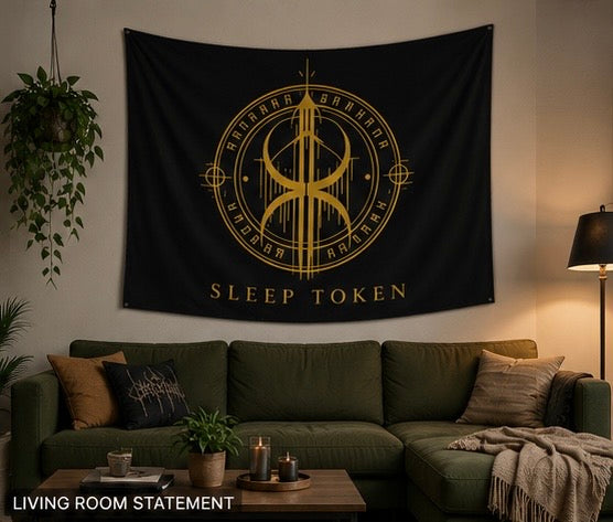 Sleep Token Symbol Indoor Wall Tapestry | Band Logo, Gold on Black