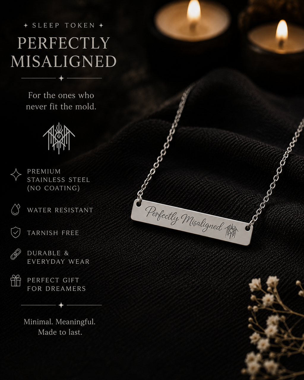 Perfectly Misaligned Necklace Sleep Token Inspired Bar Necklace Gothic Jewelry Alternative Gift Stainless Steel Pendant Minimalist Jewelry