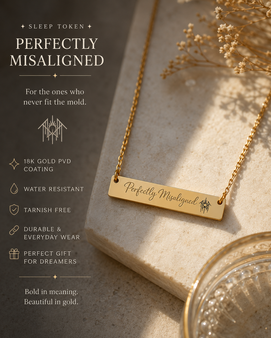 Perfectly Misaligned Necklace Sleep Token Inspired Bar Necklace Gothic Jewelry Alternative Gift Stainless Steel Pendant Minimalist Jewelry
