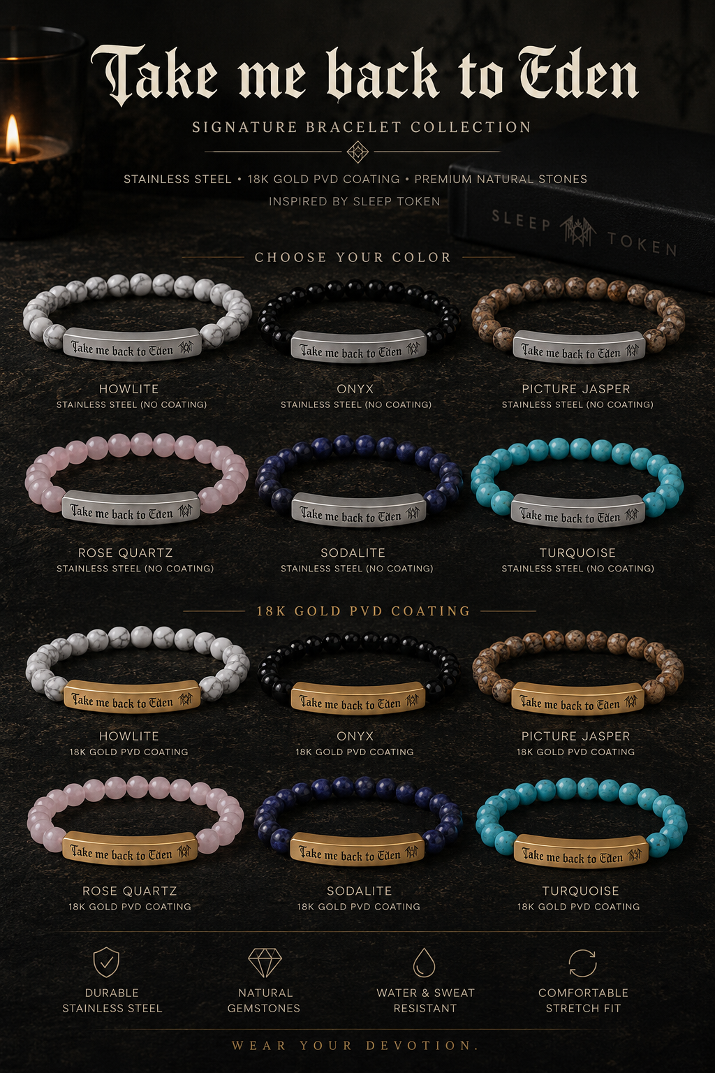 Take Me Back To Eden Bracelet Sleep Token Inspired Bracelet Stainless Steel Beaded Bracelet Gothic Jewelry Fan Inspired Gift Stone Bracelet