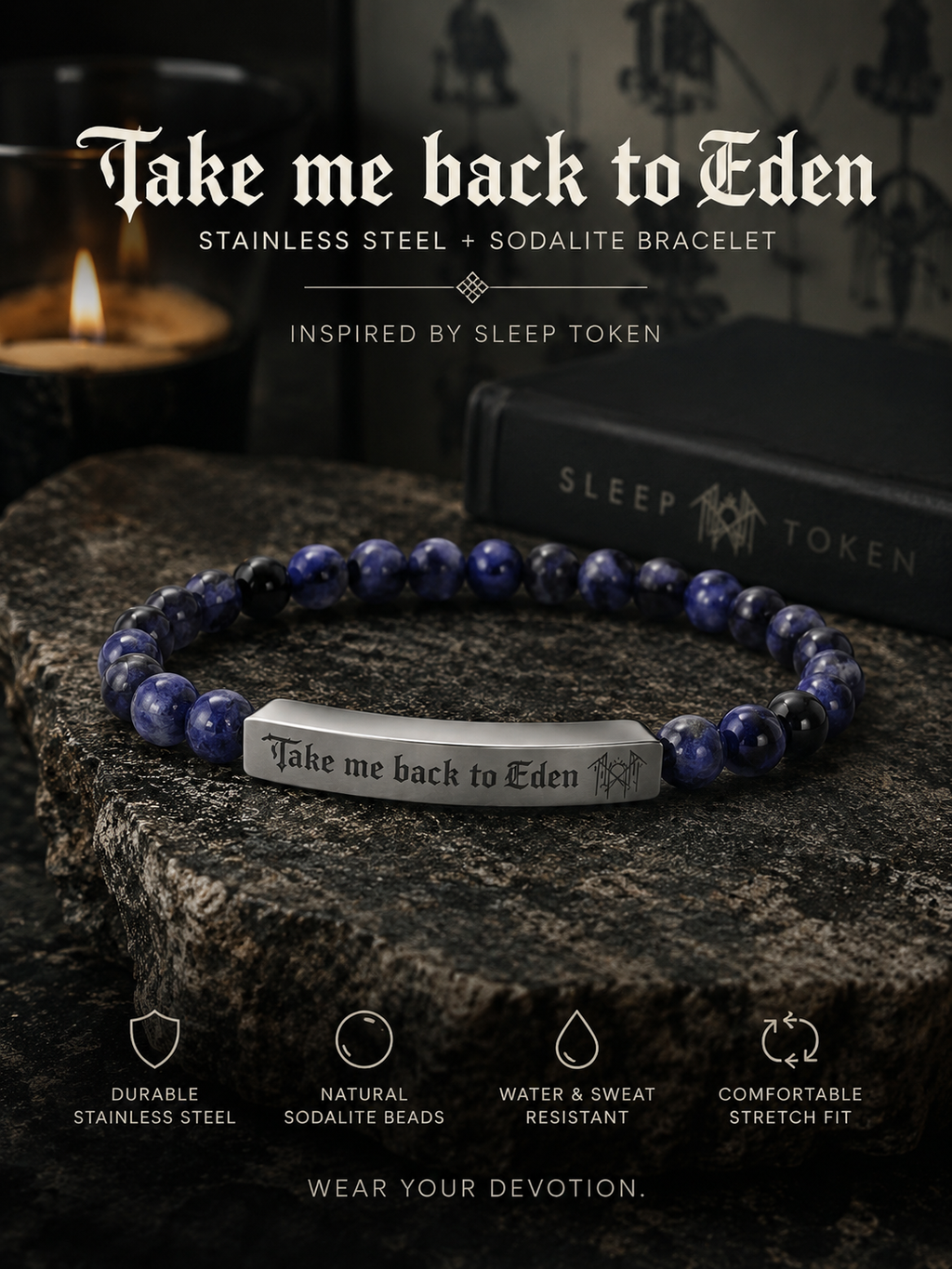 Take Me Back To Eden Bracelet Sleep Token Inspired Bracelet Stainless Steel Beaded Bracelet Gothic Jewelry Fan Inspired Gift Stone Bracelet