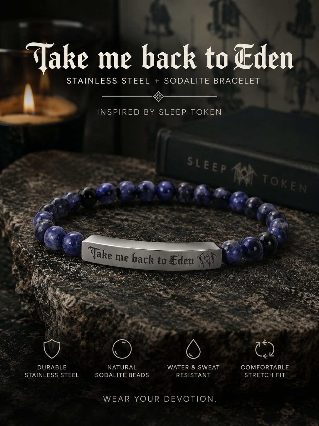 Take Me Back To Eden Bracelet Sleep Token Inspired Bracelet Stainless Steel Beaded Bracelet Gothic Jewelry Fan Inspired Gift Stone Bracelet