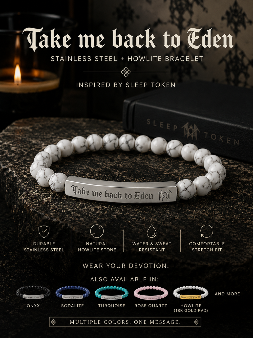 Take Me Back To Eden Bracelet Sleep Token Inspired Bracelet Stainless Steel Beaded Bracelet Gothic Jewelry Fan Inspired Gift Stone Bracelet