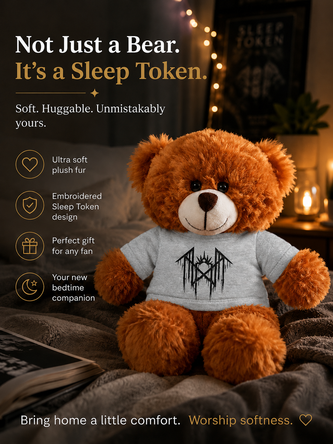 Creepy Plush Teddy Bear with Horror Graphic Tee Spooky Gift Cute Goth Plush Toy Alt Aesthetic Gift