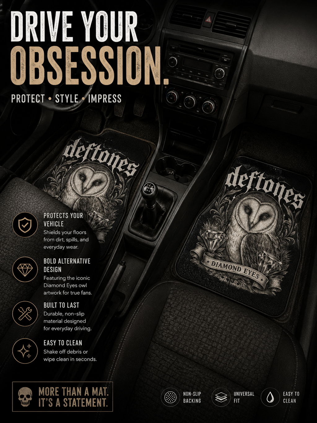 Deftones Inspired Diamond Eyes Car Floor Mats Gothic Owl Alternative Car Accessories Dark Aesthetic Vehicle Interior Decor