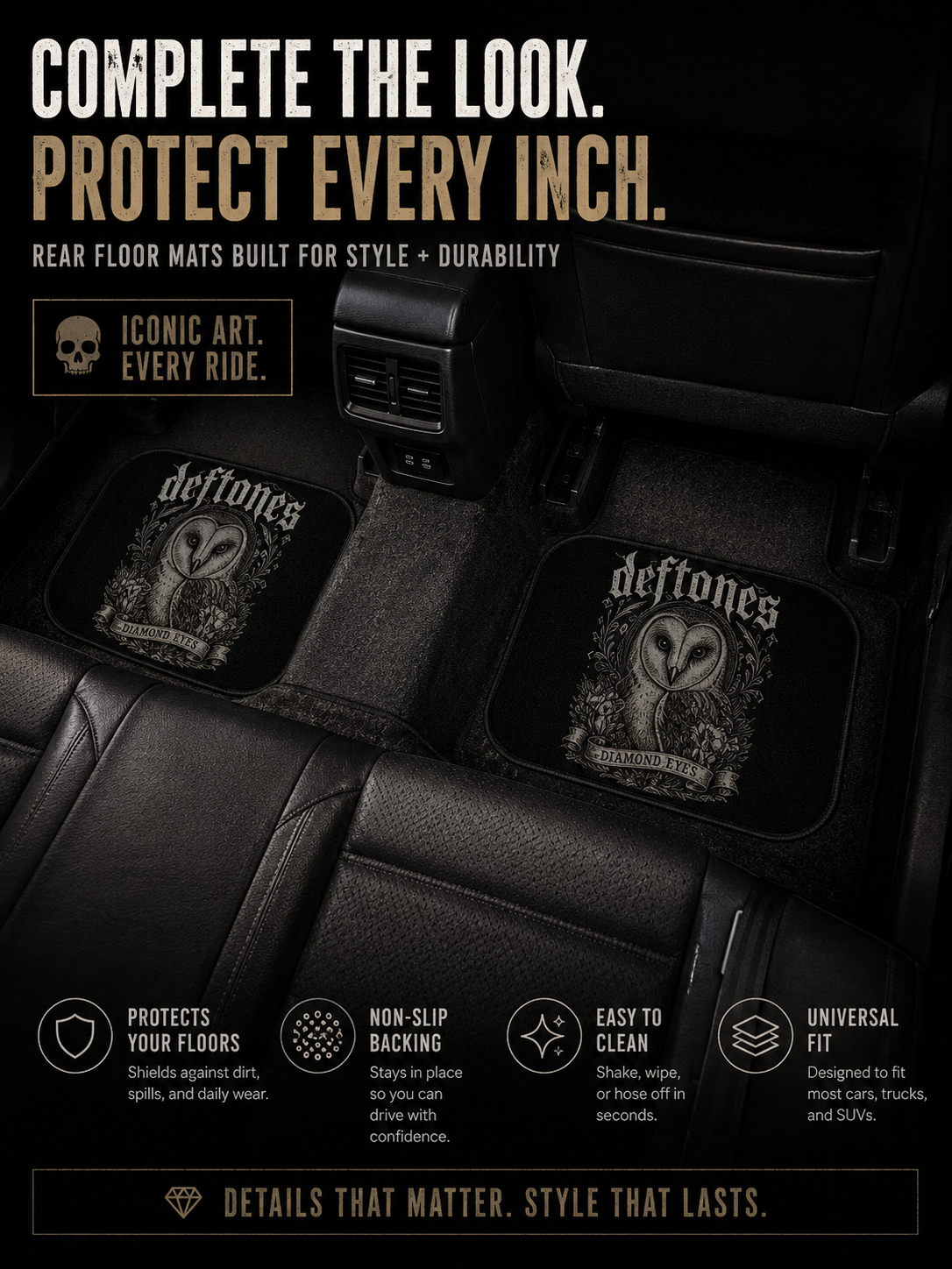 Deftones Inspired Diamond Eyes Rear Car Floor Mats Gothic Owl Alternative Car Accessories Dark Aesthetic Vehicle Decor
