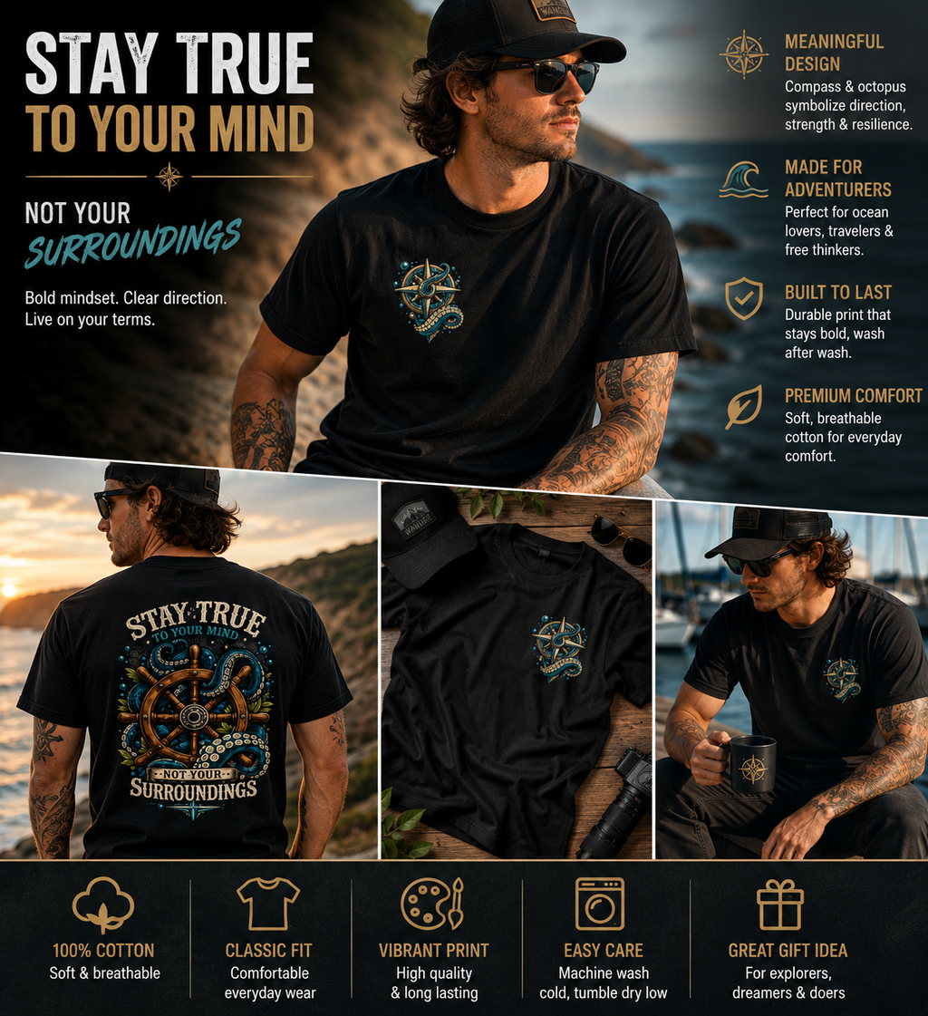 Stay True To Your Mind Nautical Compass Octopus Graphic T Shirt