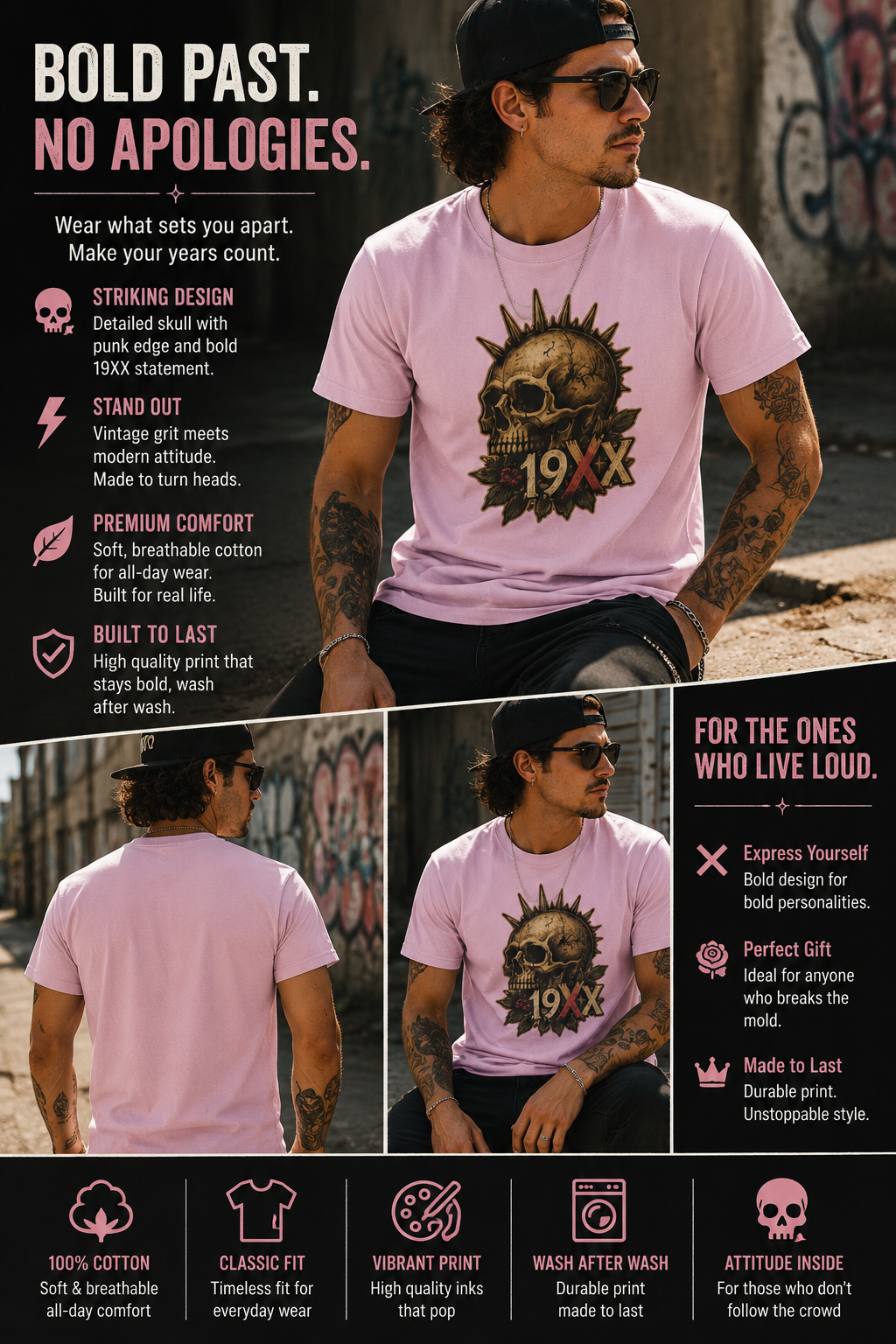 Punk Skull with Mohawk 19XX T-Shirt | Vintage Skull Tee