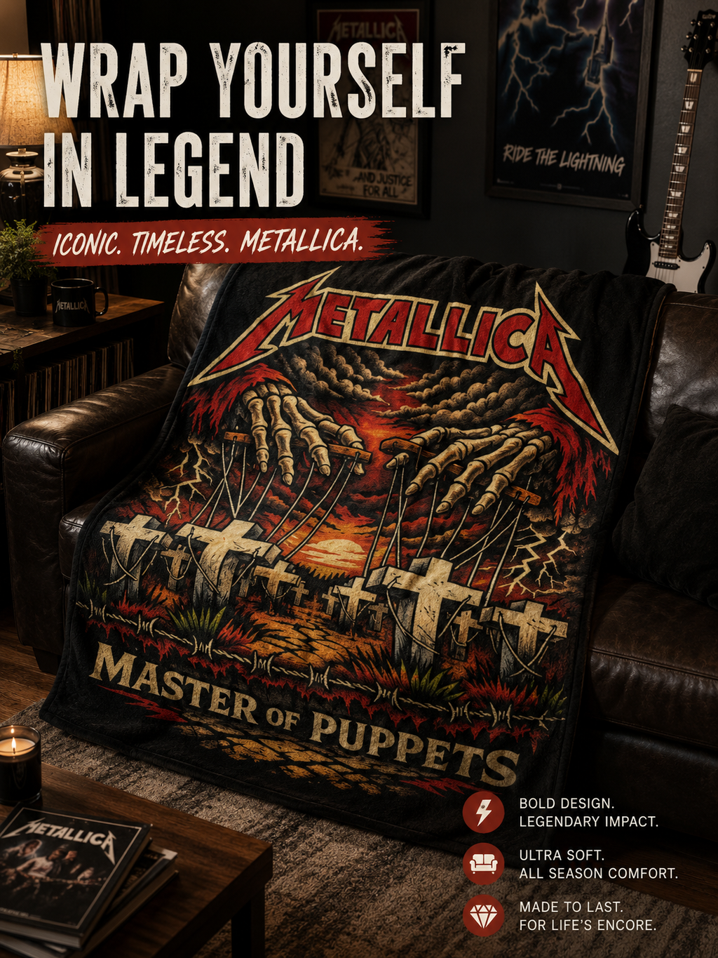 Master of Puppets Blanket Heavy Metal Throw Blanket Rock Band Inspired Fleece Blanket Gothic Home Decor Music Lover Gift Cozy Sofa Blanket