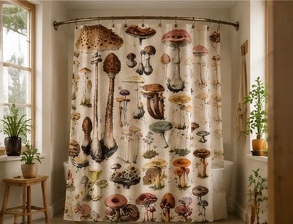 Mushroom Shower Curtain – Vintage Botanical Fungi Illustration Art