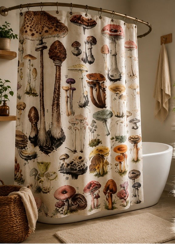 Mushroom Shower Curtain – Vintage Botanical Fungi Illustration Art