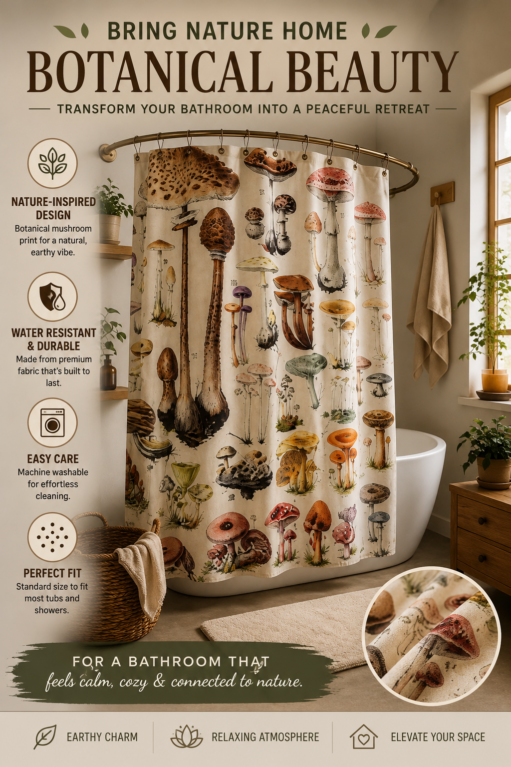 Mushroom Shower Curtain – Vintage Botanical Fungi Illustration Art