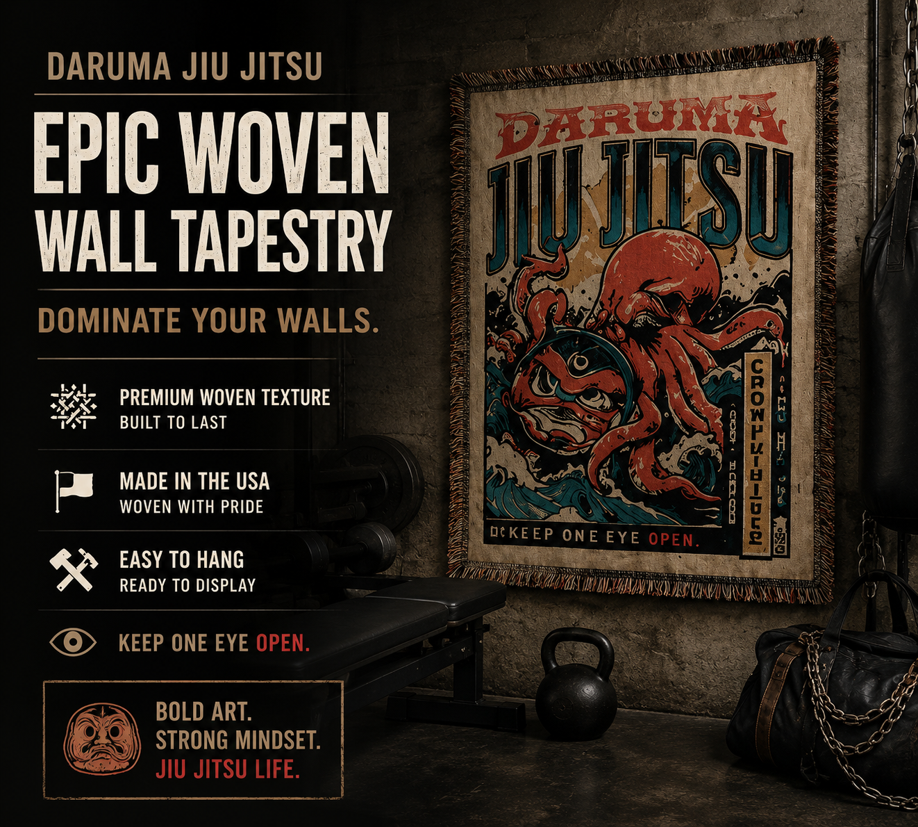 Daruma Jiu Jitsu Wall Tapestry Japanese Art Octopus Fighting Decor Martial Arts Wall Art Gym Decor