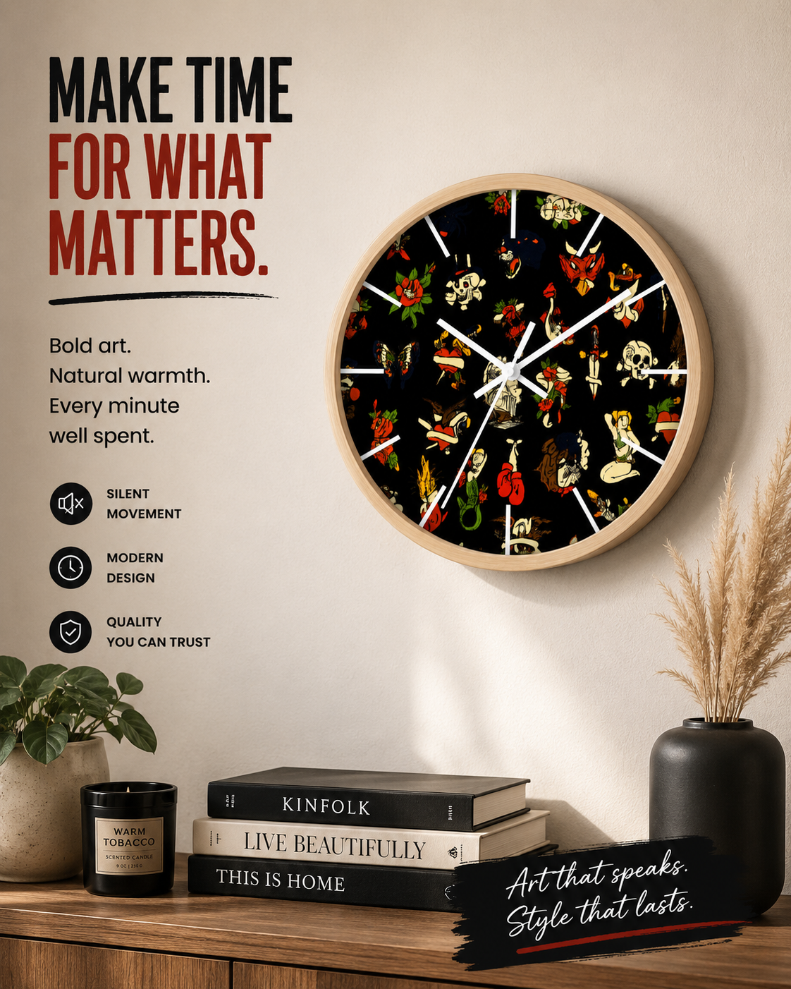 Tattoo Flash Wall Clock Gothic Wall Decor Alternative Home Decor Vintage Tattoo Clock Punk Rock Wall Art Gothic Room Decor