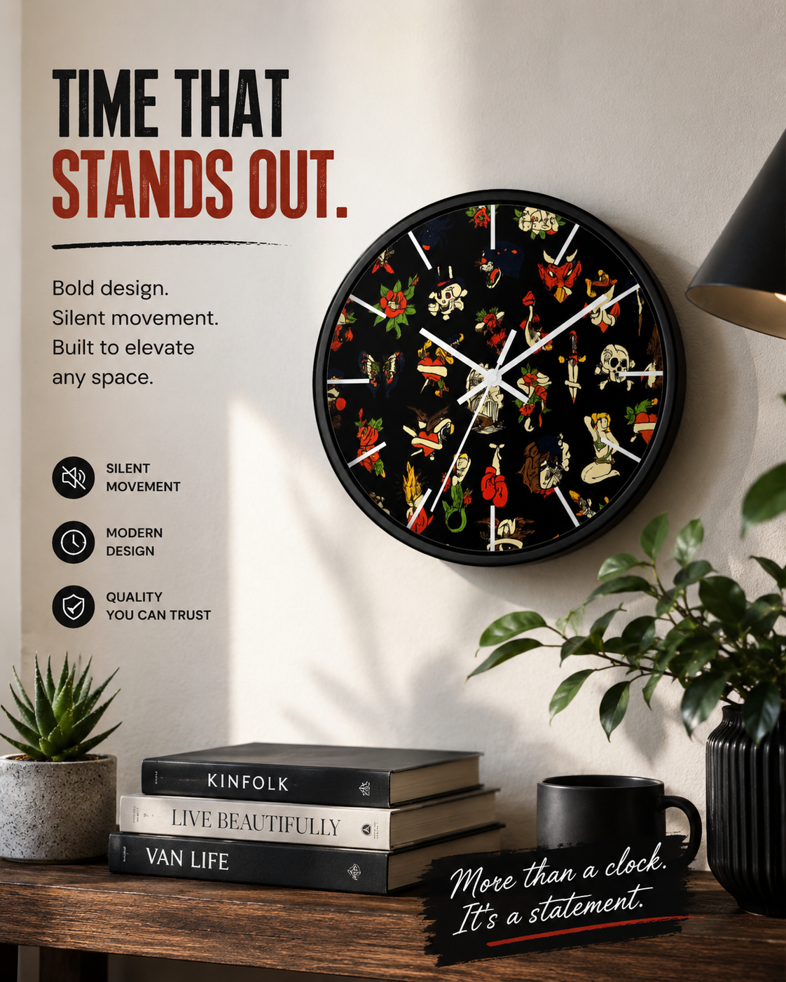 Tattoo Flash Wall Clock Gothic Wall Decor Alternative Home Decor Vintage Tattoo Clock Punk Rock Wall Art Gothic Room Decor