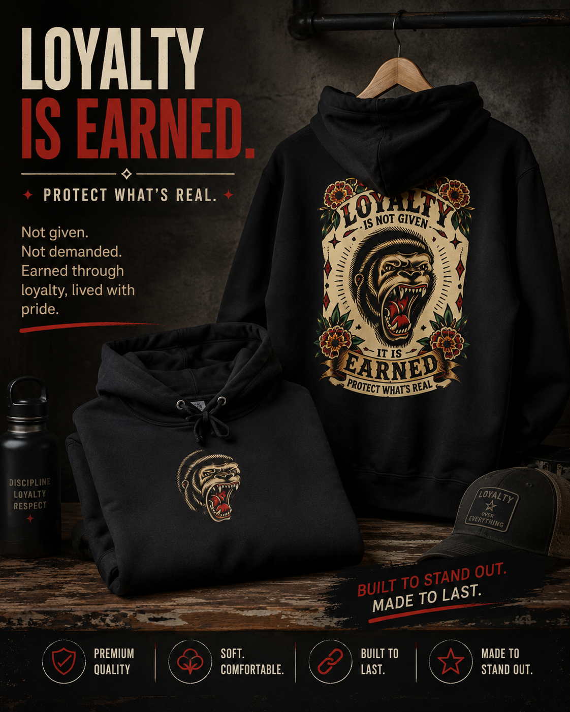 Loyalty Is Earned Gorilla Hoodie | Tattoo Inspired Pullover Sweatshirt | Streetwear Graphic Hoodie