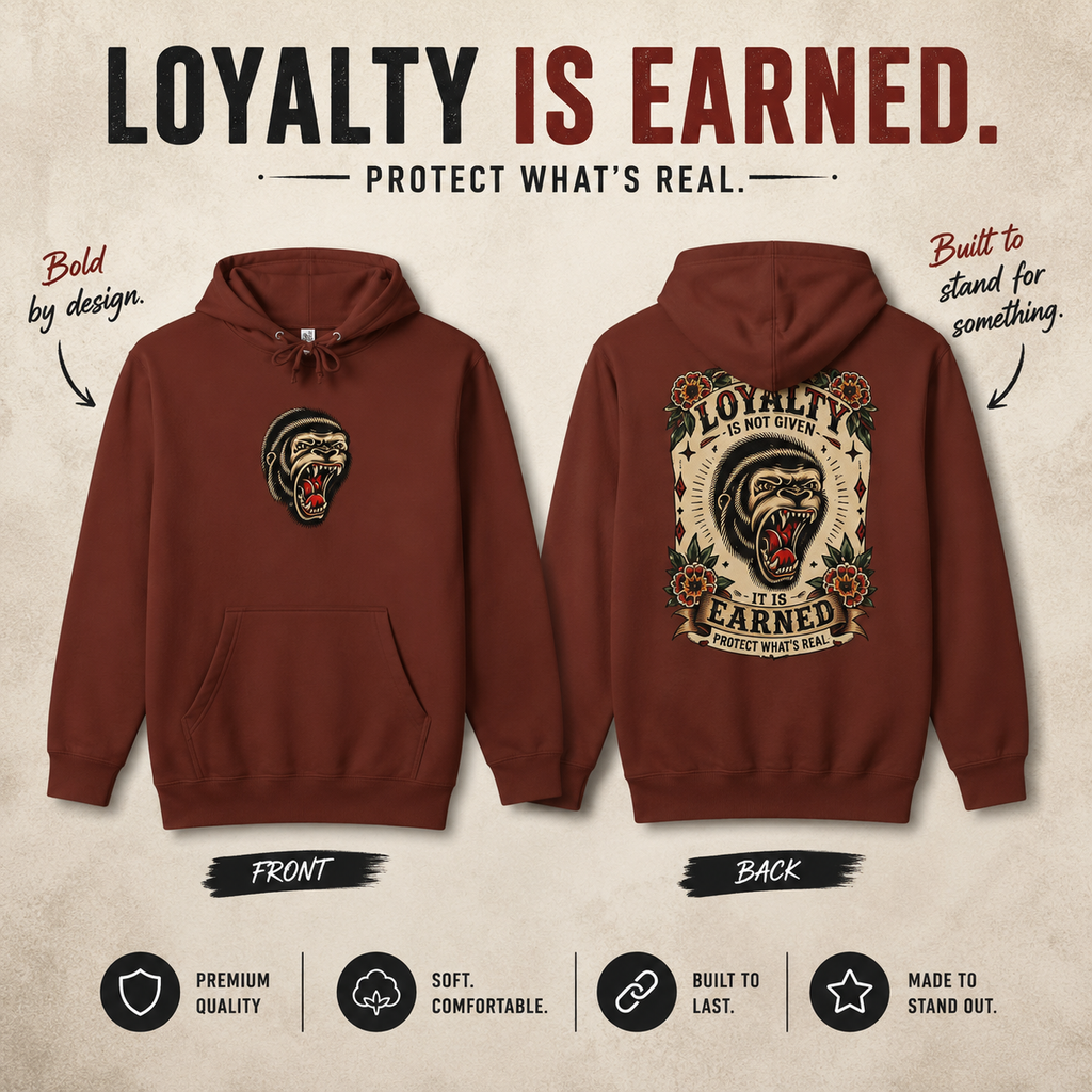 Loyalty Is Earned Gorilla Hoodie | Tattoo Inspired Pullover Sweatshirt | Streetwear Graphic Hoodie