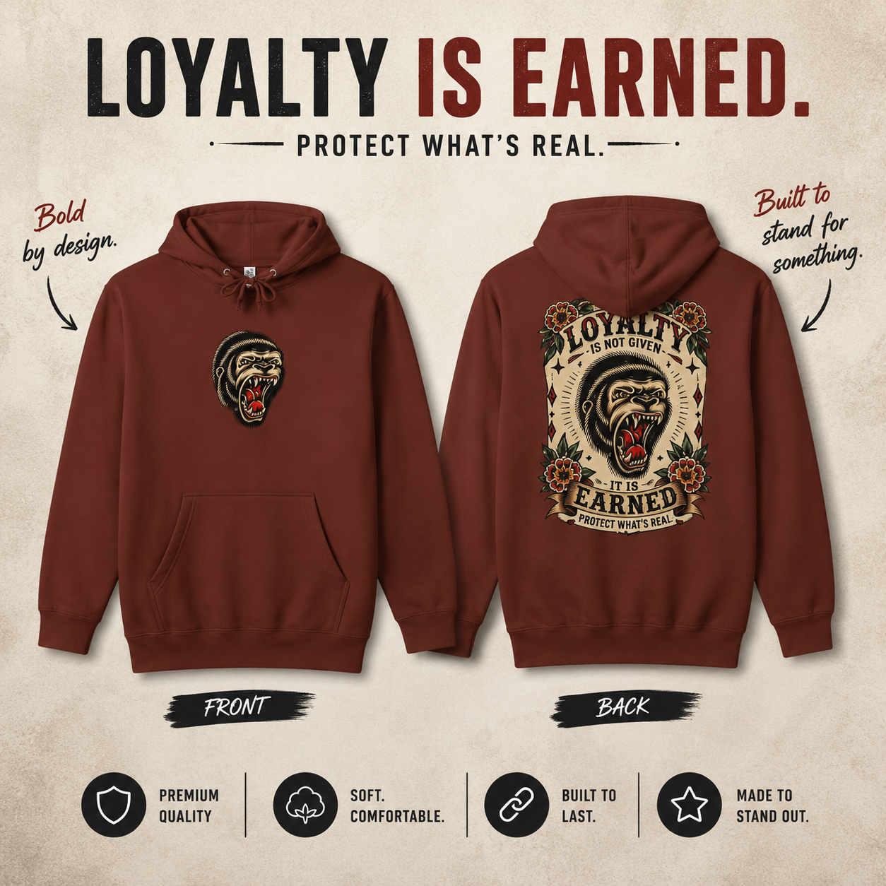 Loyalty Is Earned Gorilla Hoodie | Tattoo Inspired Pullover Sweatshirt | Streetwear Graphic Hoodie