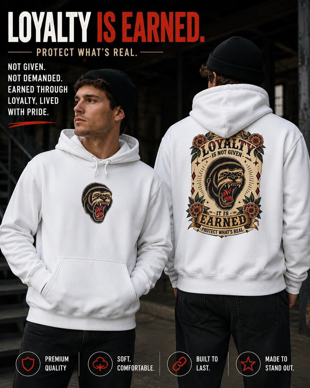 Loyalty Is Earned Gorilla Hoodie | Tattoo Inspired Pullover Sweatshirt | Streetwear Graphic Hoodie