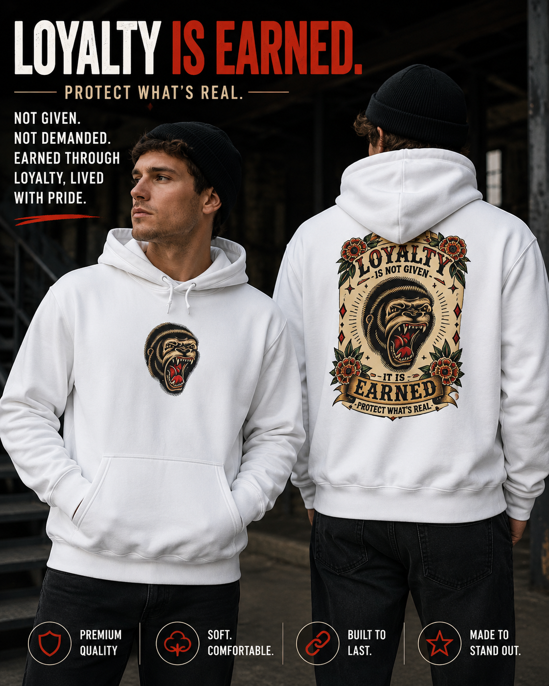 Loyalty Is Earned Gorilla Hoodie | Tattoo Inspired Pullover Sweatshirt | Streetwear Graphic Hoodie