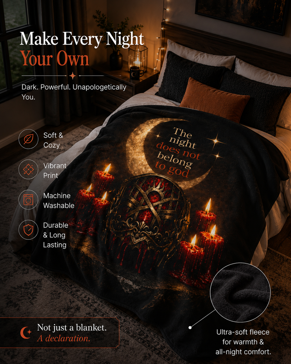 The Night Belongs to You Sleep Token inspired Velveteen Blanket | Crescent Moon, Gothic Mask, Candles