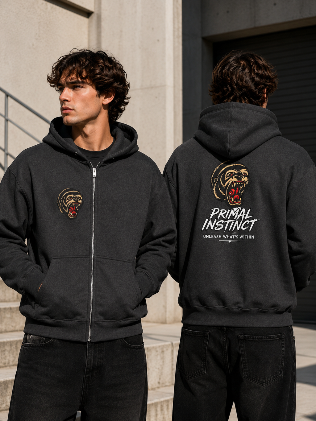 Roaring Gorilla Head Zip Hoodie | Animal Skull Design, Dark Streetwear