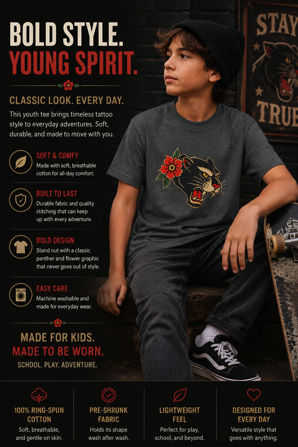 Youth Traditonal Tattoo Panther Short Sleeve Tee
