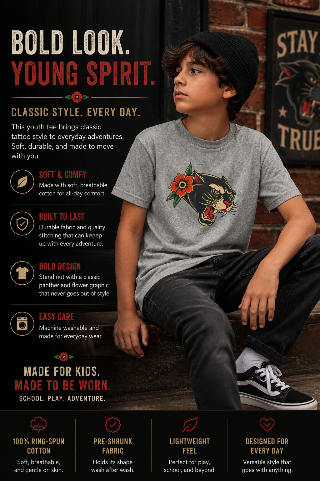 Youth Traditonal Tattoo Panther Short Sleeve Tee