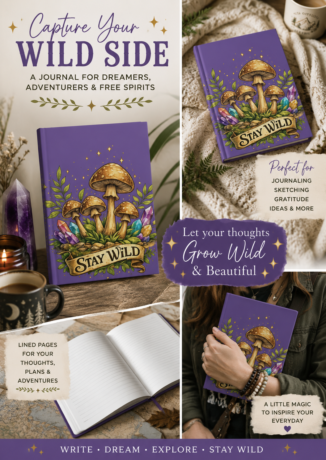 Stay Wild Mushroom Journal Cottagecore Notebook Crystal Forest Hardcover Journal Nature Lover Gift Boho Writing Journal Mushroom Lover Diary