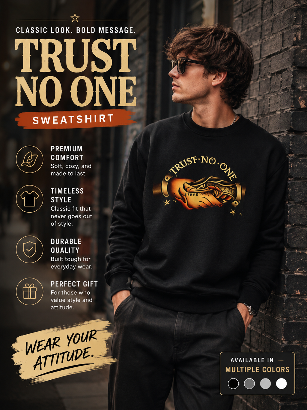 Trust No One Sweatshirt Vintage Tattoo Style Crewneck Retro Graphic Sweatshirt Alternative Streetwear Unisex Pullover Gift For Him Her