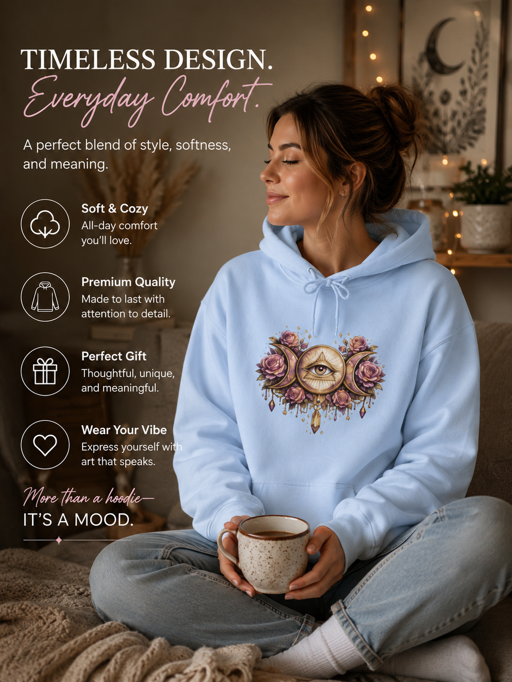 Mystical Third Eye Hoodie Celestial Moon Phase Sweatshirt Spiritual Aesthetic Hoodie Witchy Floral Pullover Boho Hoodie Cozy Sweatshirt