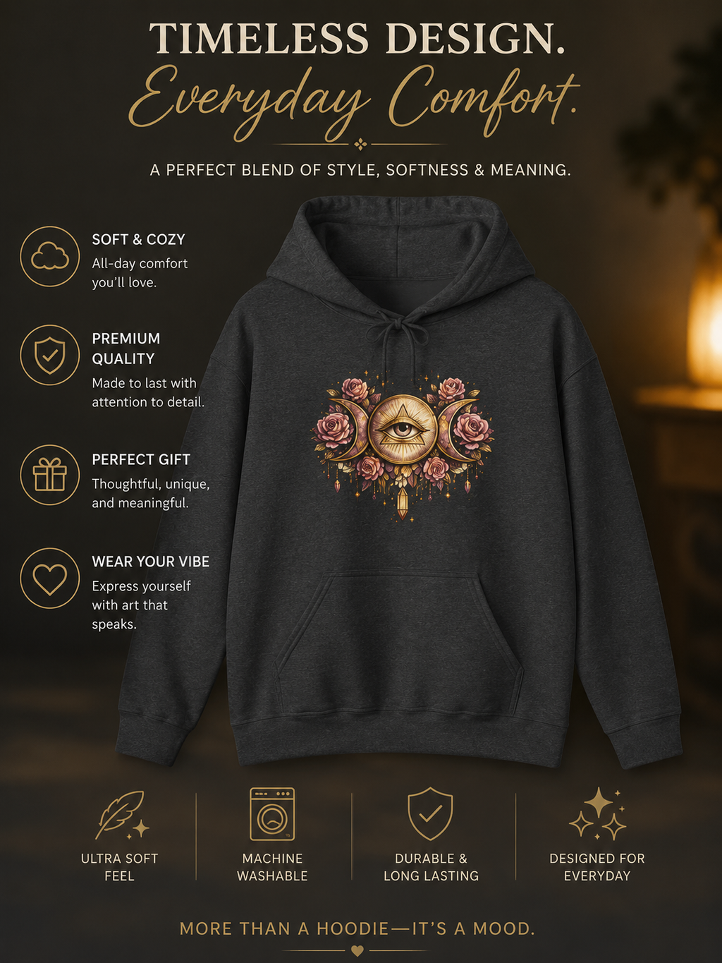 Mystical Third Eye Hoodie Celestial Moon Phase Sweatshirt Spiritual Aesthetic Hoodie Witchy Floral Pullover Boho Hoodie Cozy Sweatshirt