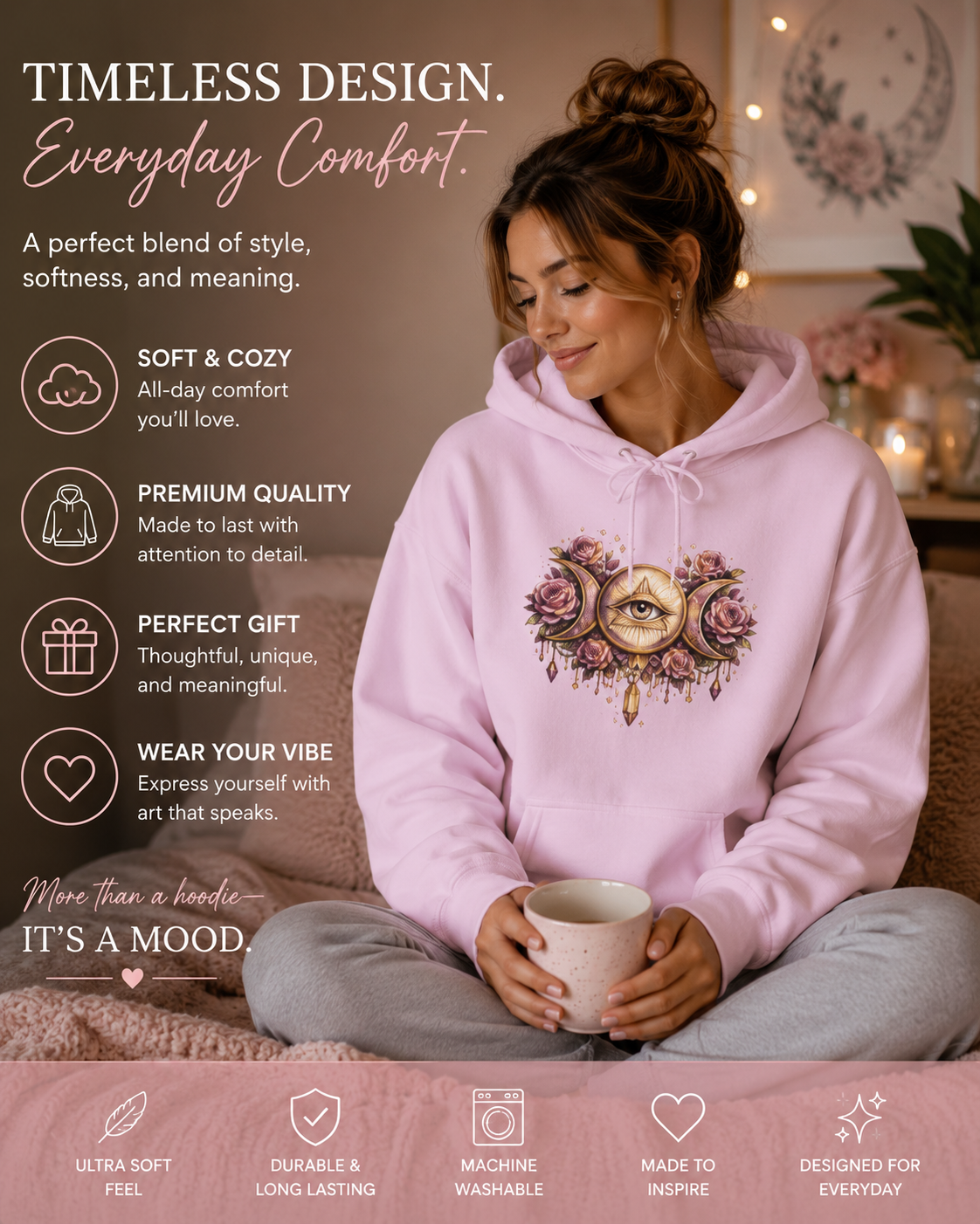 Mystical Third Eye Hoodie Celestial Moon Phase Sweatshirt Spiritual Aesthetic Hoodie Witchy Floral Pullover Boho Hoodie Cozy Sweatshirt