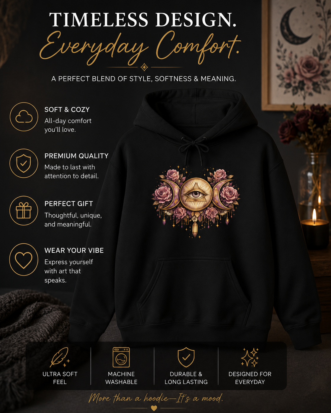 Mystical Third Eye Hoodie Celestial Moon Phase Sweatshirt Spiritual Aesthetic Hoodie Witchy Floral Pullover Boho Hoodie Cozy Sweatshirt
