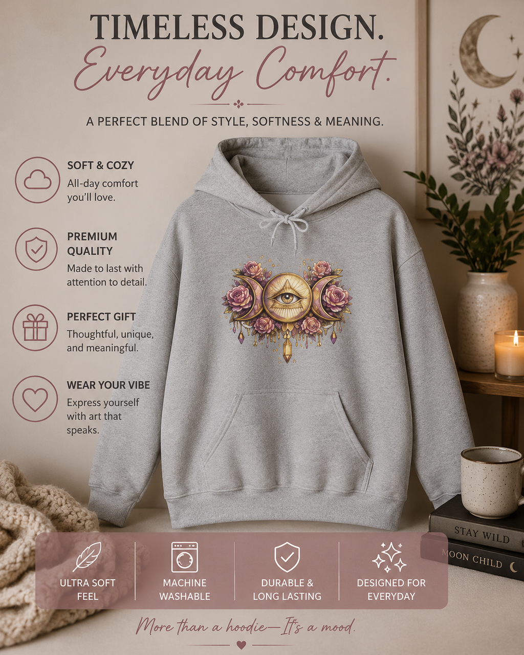 Mystical Third Eye Hoodie Celestial Moon Phase Sweatshirt Spiritual Aesthetic Hoodie Witchy Floral Pullover Boho Hoodie Cozy Sweatshirt