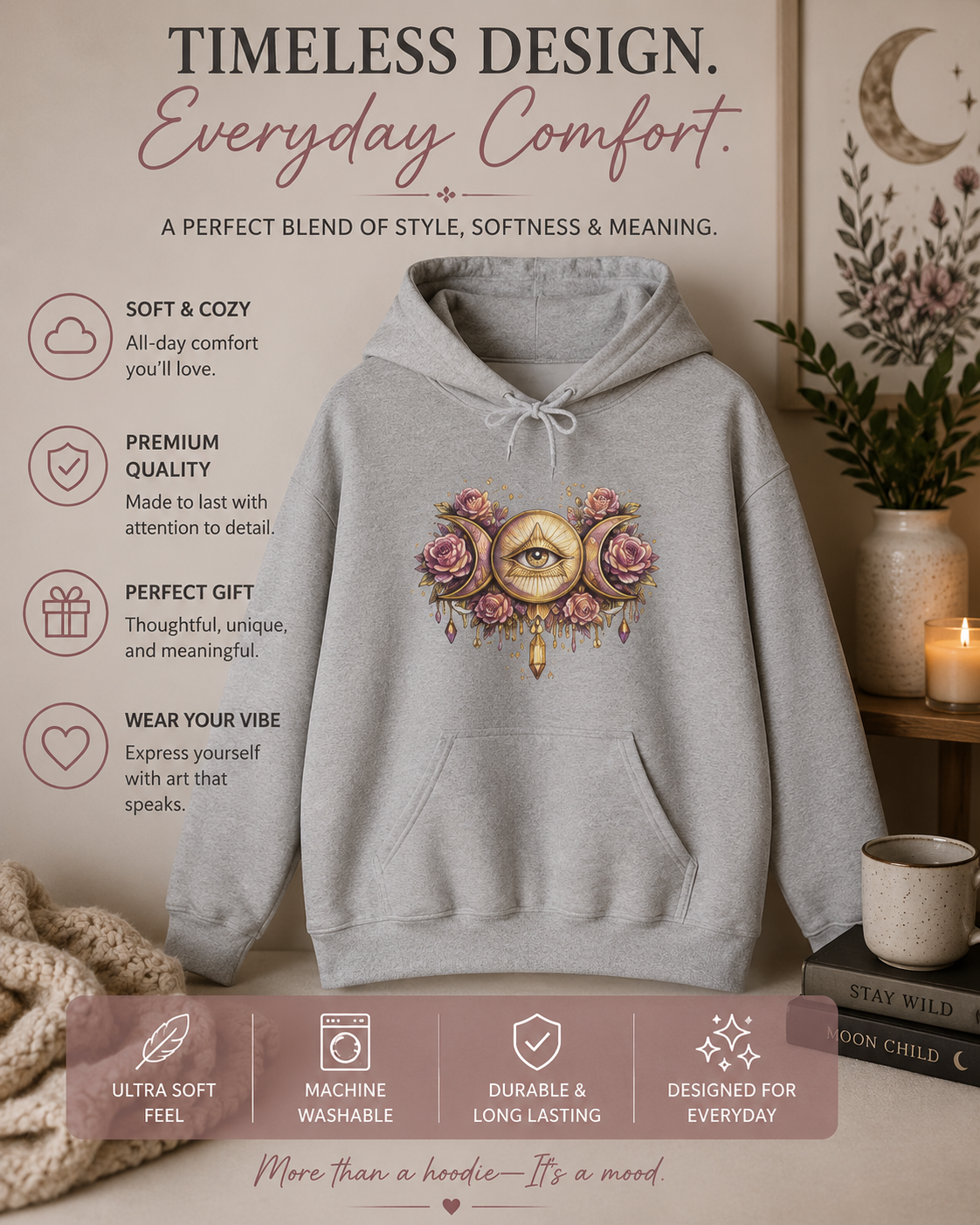 Mystical Third Eye Hoodie Celestial Moon Phase Sweatshirt Spiritual Aesthetic Hoodie Witchy Floral Pullover Boho Hoodie Cozy Sweatshirt