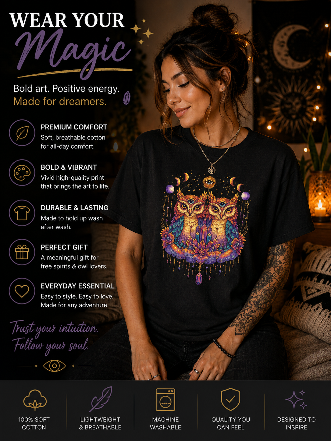 Mystical Triple Owl Illustration Tee Boho Moon Mystical Owl Shirt Boho Owl Graphic Tee Celestial Nature Shirt Spiritual Animal T Shirt