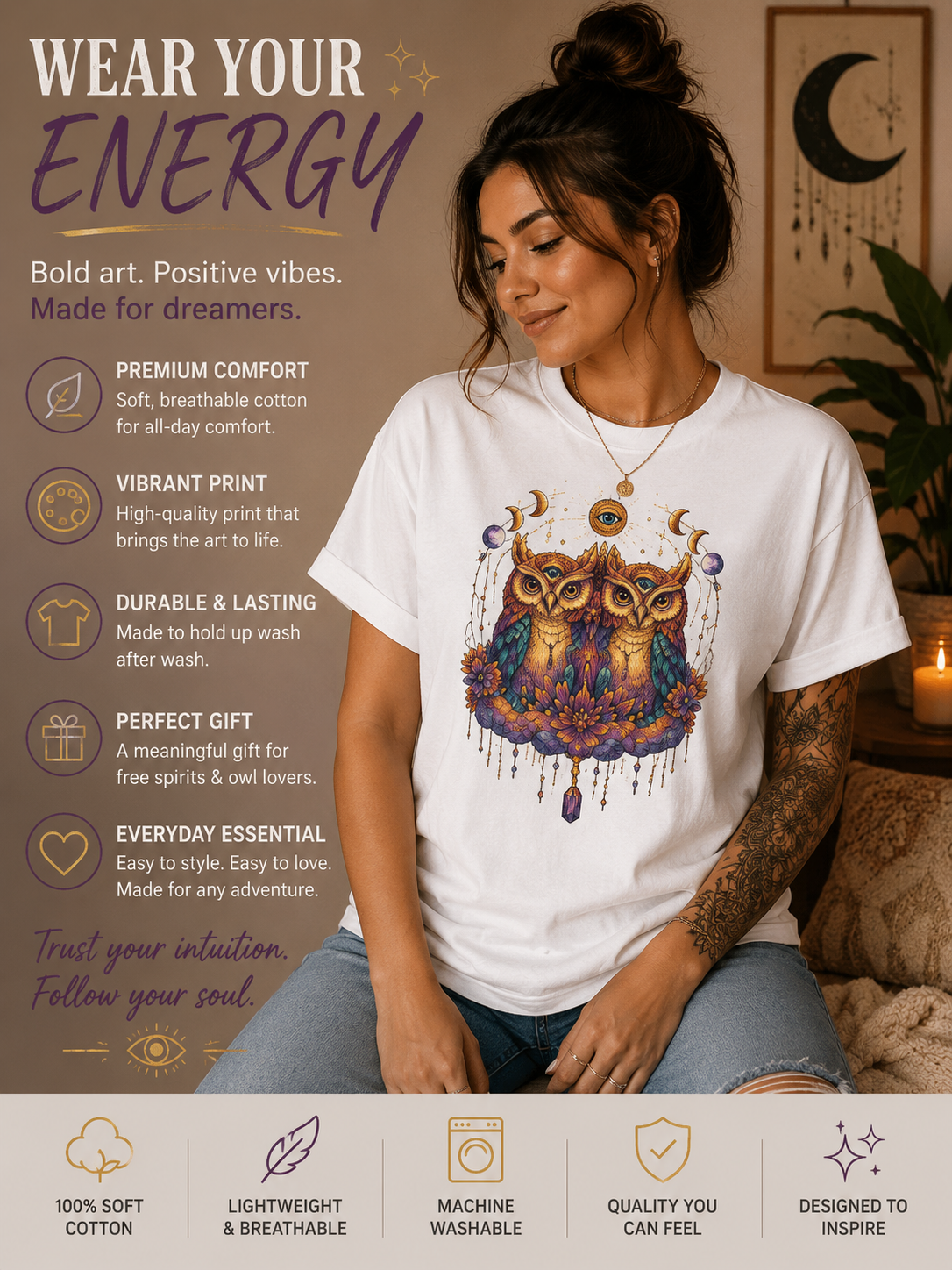 Mystical Triple Owl Illustration Tee Boho Moon Mystical Owl Shirt Boho Owl Graphic Tee Celestial Nature Shirt Spiritual Animal T Shirt