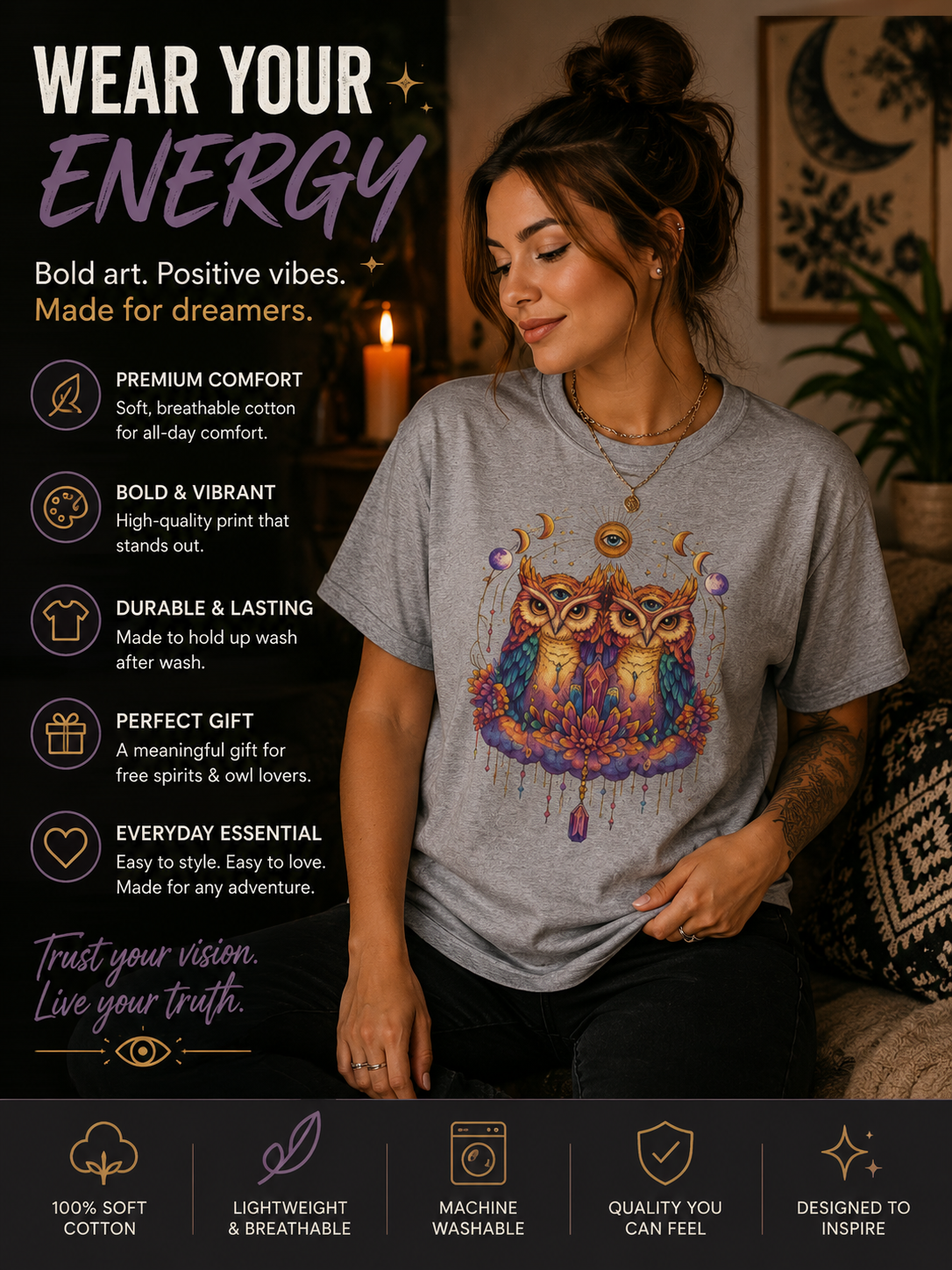 Mystical Triple Owl Illustration Tee Boho Moon Mystical Owl Shirt Boho Owl Graphic Tee Celestial Nature Shirt Spiritual Animal T Shirt