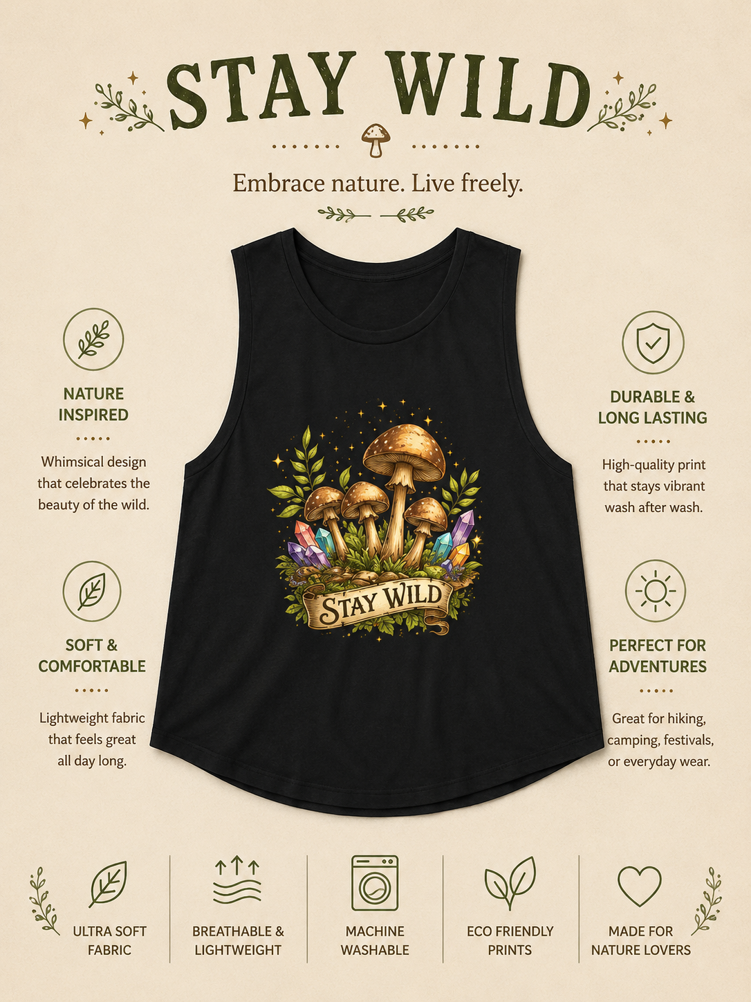 Stay Wild Mushroom Crop Tank Top Boho Nature Shirt Crystal Mushroom Graphic Tank Cottagecore Festival Top Womens Adventure Apparel