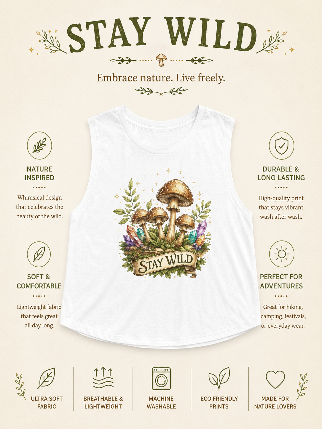 Stay Wild Mushroom Crop Tank Top Boho Nature Shirt Crystal Mushroom Graphic Tank Cottagecore Festival Top Womens Adventure Apparel