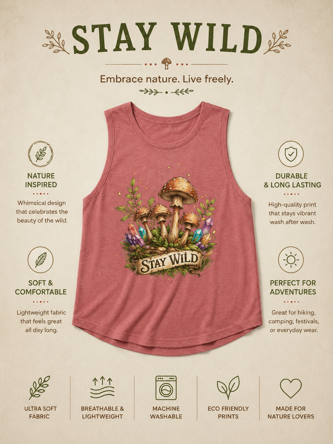 Stay Wild Mushroom Crop Tank Top Boho Nature Shirt Crystal Mushroom Graphic Tank Cottagecore Festival Top Womens Adventure Apparel