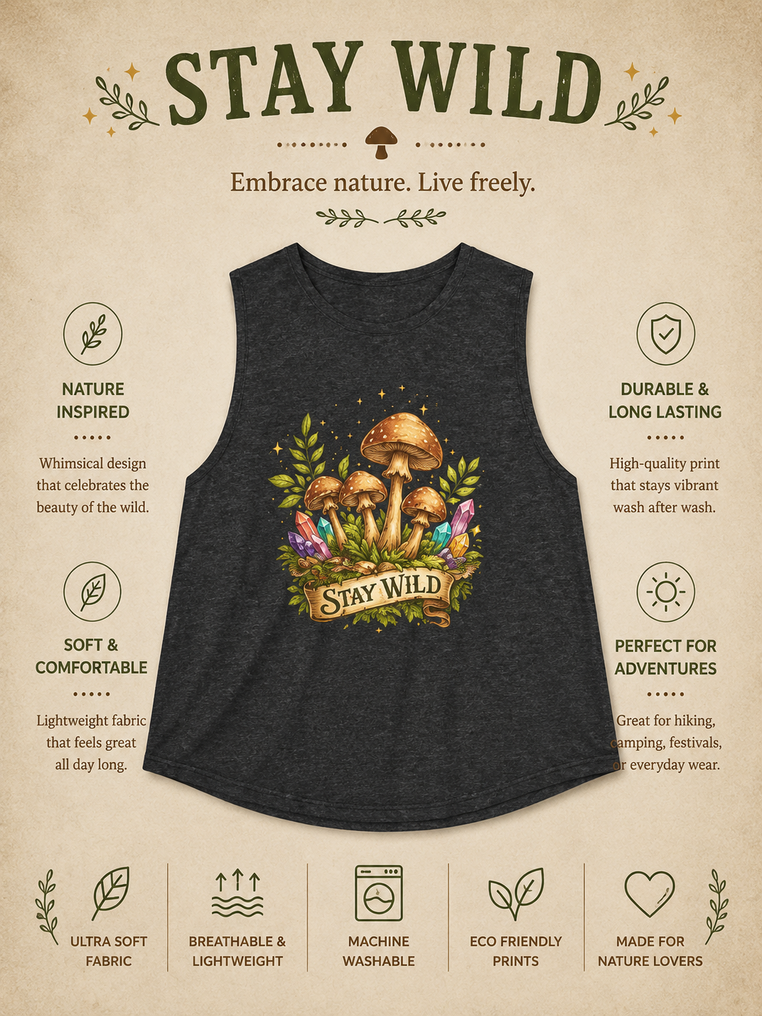 Stay Wild Mushroom Crop Tank Top Boho Nature Shirt Crystal Mushroom Graphic Tank Cottagecore Festival Top Womens Adventure Apparel