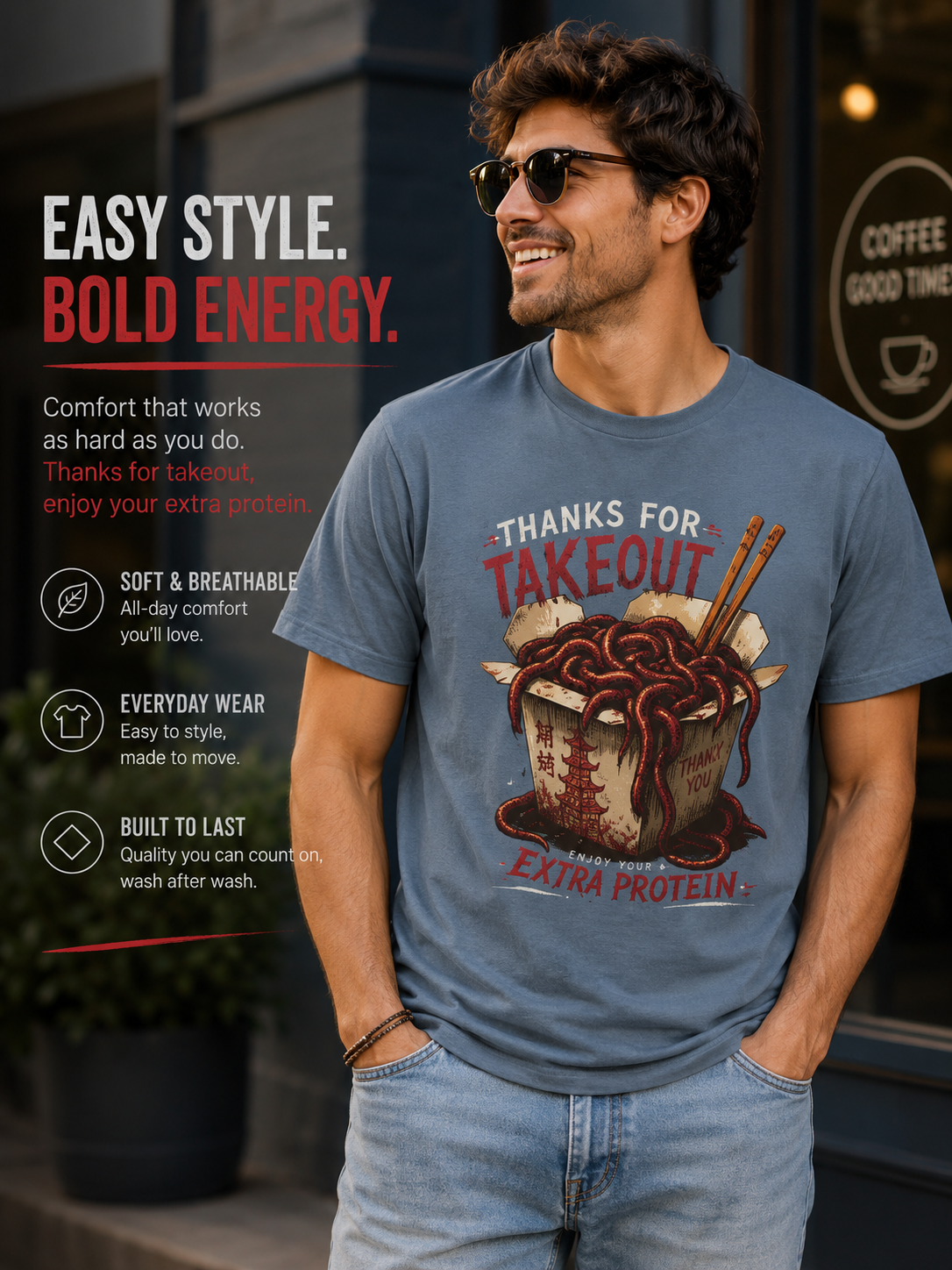 Funny Worm Takeout Shirt Extra Protein Tee Weird Graphic T Shirt Dark Humor Streetwear Vintage Style Unisex Tee Food Joke Shirt