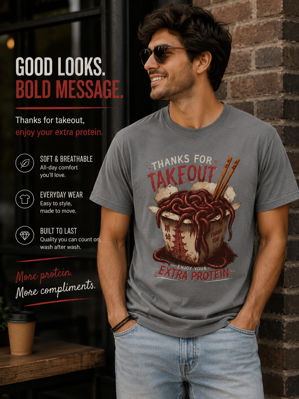 Funny Worm Takeout Shirt Extra Protein Tee Weird Graphic T Shirt Dark Humor Streetwear Vintage Style Unisex Tee Food Joke Shirt